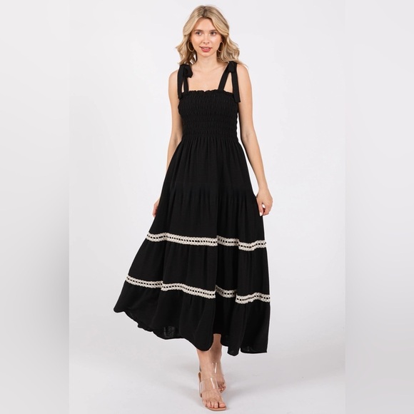 signify Dresses & Skirts - NWT Signify Black Smocked Maxi Dress Coquette Boho Ribbon & Lace Tiered Sundress
